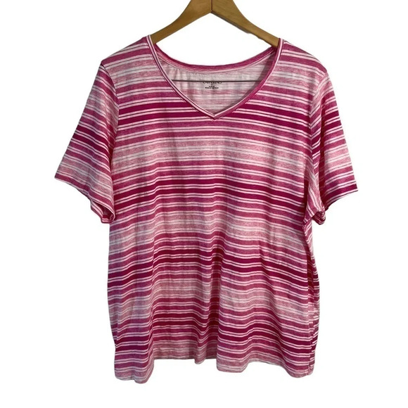 Catherines Striped V Neck T Shirt 1X White Light and Hot Pink Short Sleeves Top - Picture 1 of 4